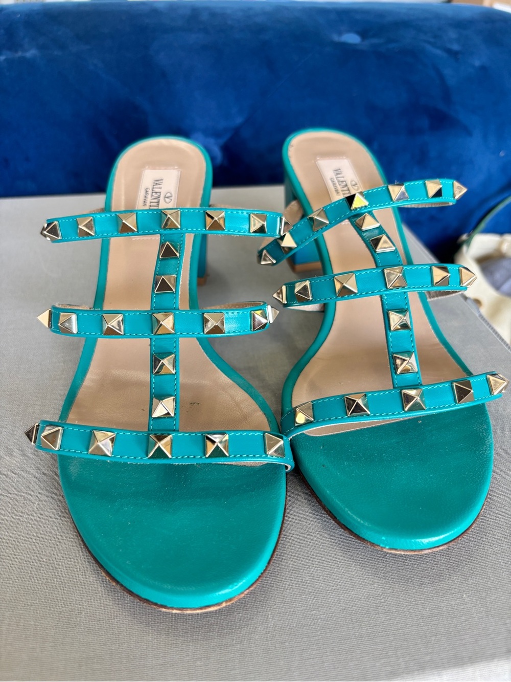 Valentino Teal Pyramid-Stud Triple-Strap Slide Mules